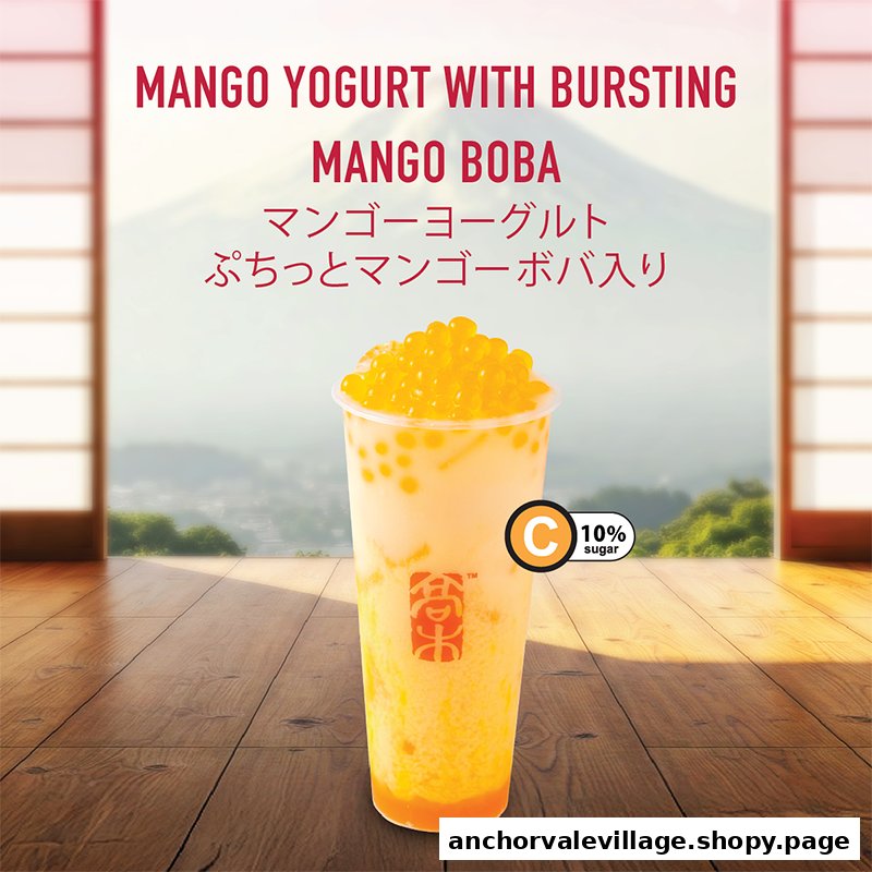 A vibrant mango yogurt drink with bursting boba, advertised against a scenic Japanese backdrop.