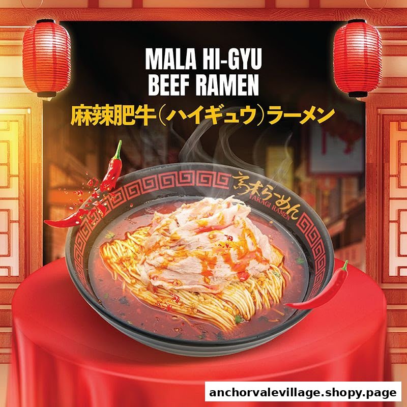 A vibrant promotional image showcasing Takagi Ramen's Mala Hi-Gyu Beef Ramen with chili accents.