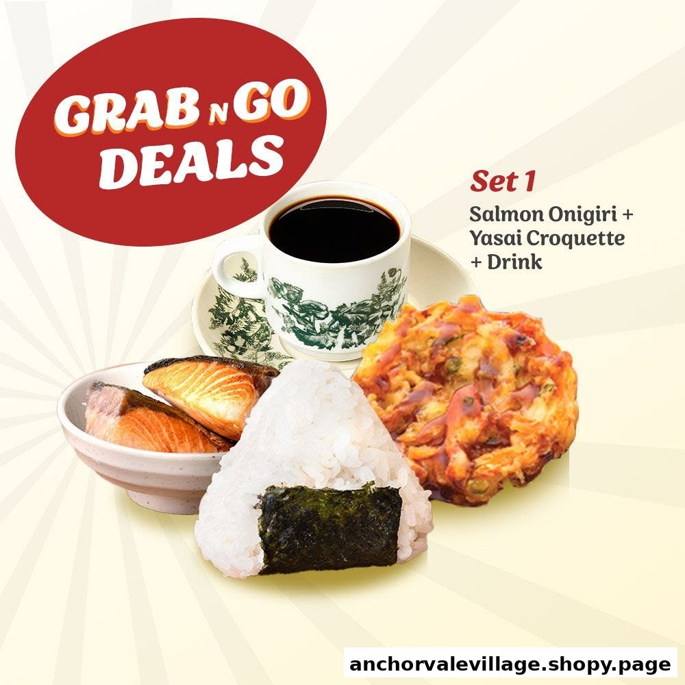 An advertisement for Takagi Ramen's 'Grab N Go Deals' featuring Set 1 with salmon, onigiri, croquette, and a drink.
