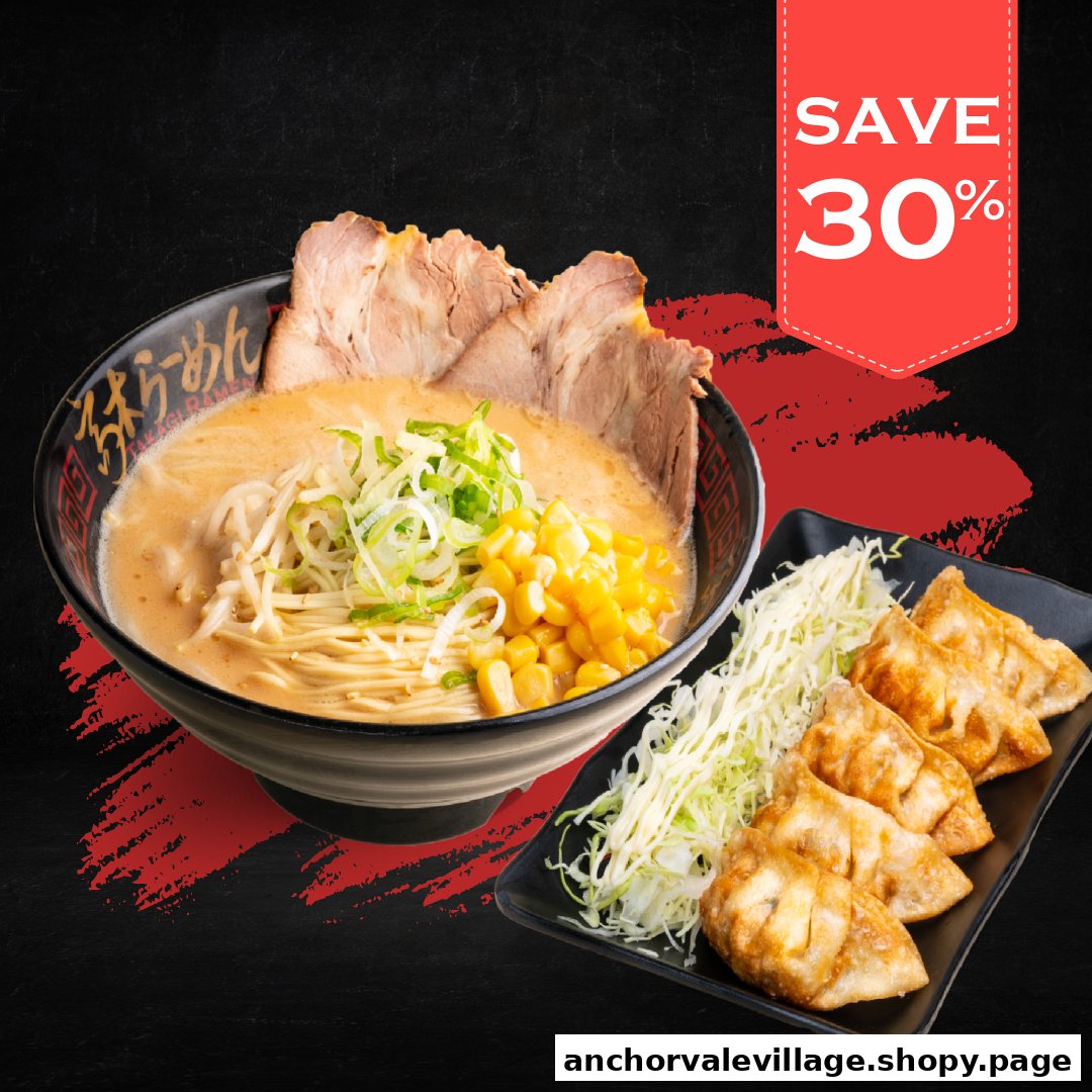 A delicious bowl of ramen with chashu, corn, and spring onions, alongside crispy gyoza, with a 30% discount offer.