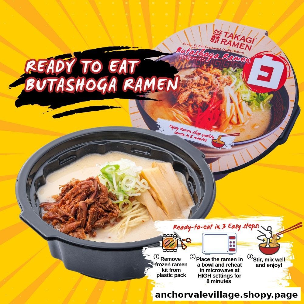 An image showcasing Takagi Ramen's Ready-To-Eat Butashoga Ramen product with preparation steps.