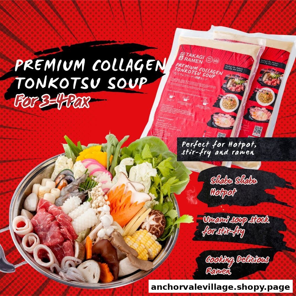 An image showcasing Takagi Ramen's Premium Collagen Tonkotsu Soup for hotpot, stir-fry, and ramen.