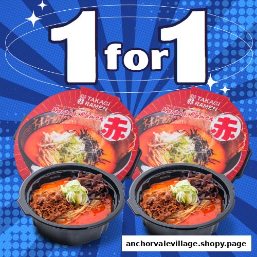 Two bowls of Takagi Ramen's Karaka Ramen with a '1 for 1' promotion on a blue background.