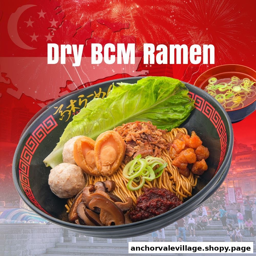 A vibrant image showcasing Takagi Ramen's Dry BCM Ramen with various delicious toppings and a Singaporean theme.