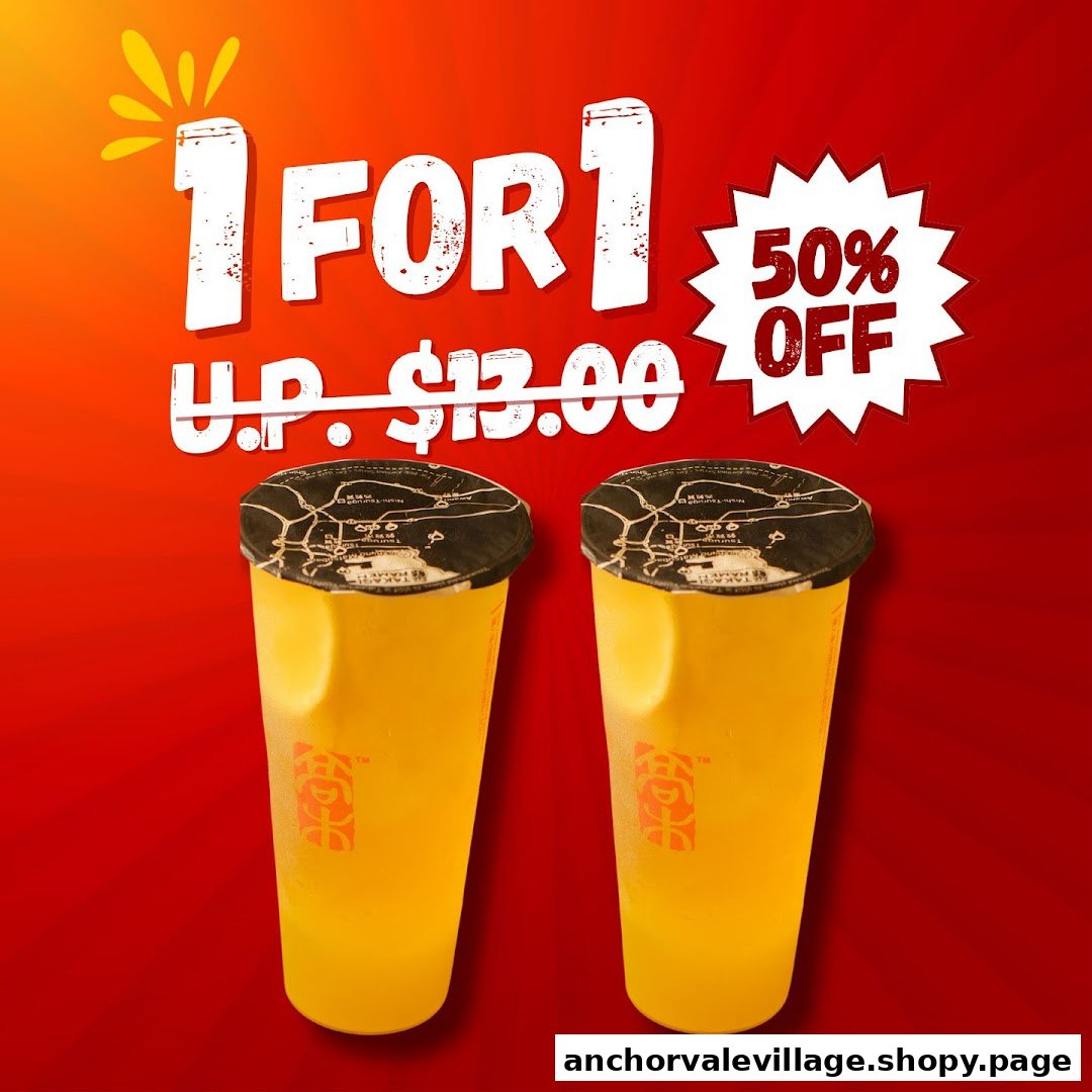 Two yellow beverages displayed with a '1 FOR 1' and '50% OFF' promotion against a red background.