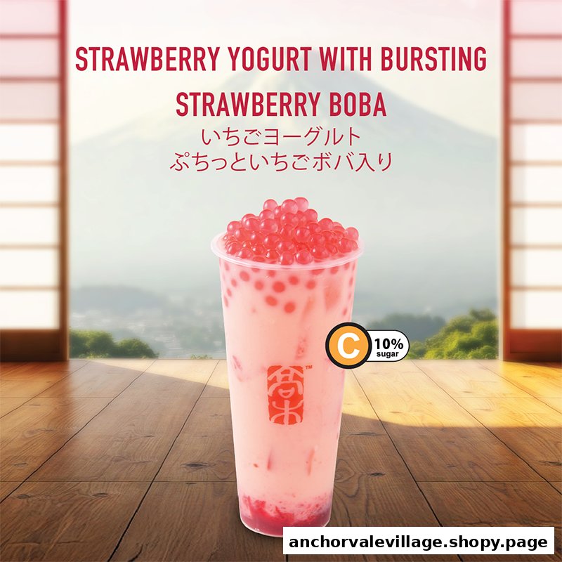 A vibrant strawberry yogurt drink with bursting boba pearls, highlighted against a scenic Japanese backdrop.