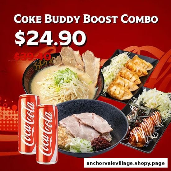 A promotional image showcasing Takagi Ramen's Coke Buddy Boost Combo with ramen, sides, and Coca-Cola.