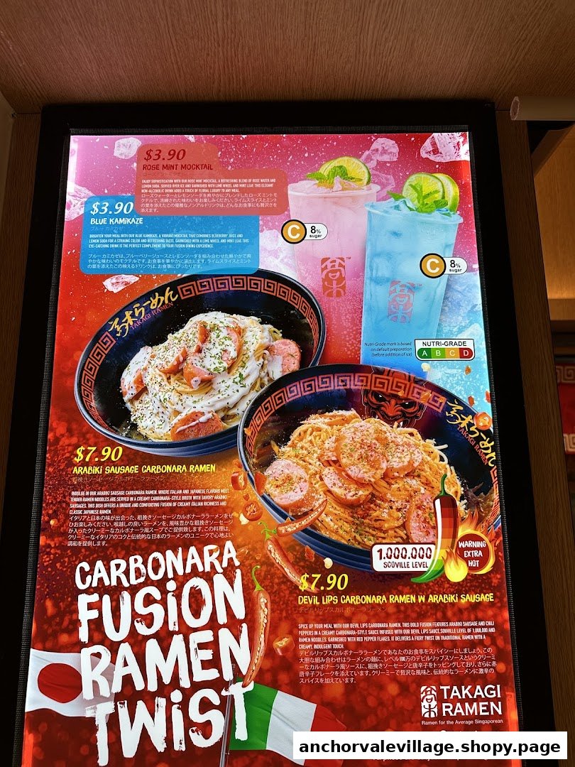 A vibrant menu board showcasing fusion ramen dishes and refreshing mocktails with prices and descriptions.