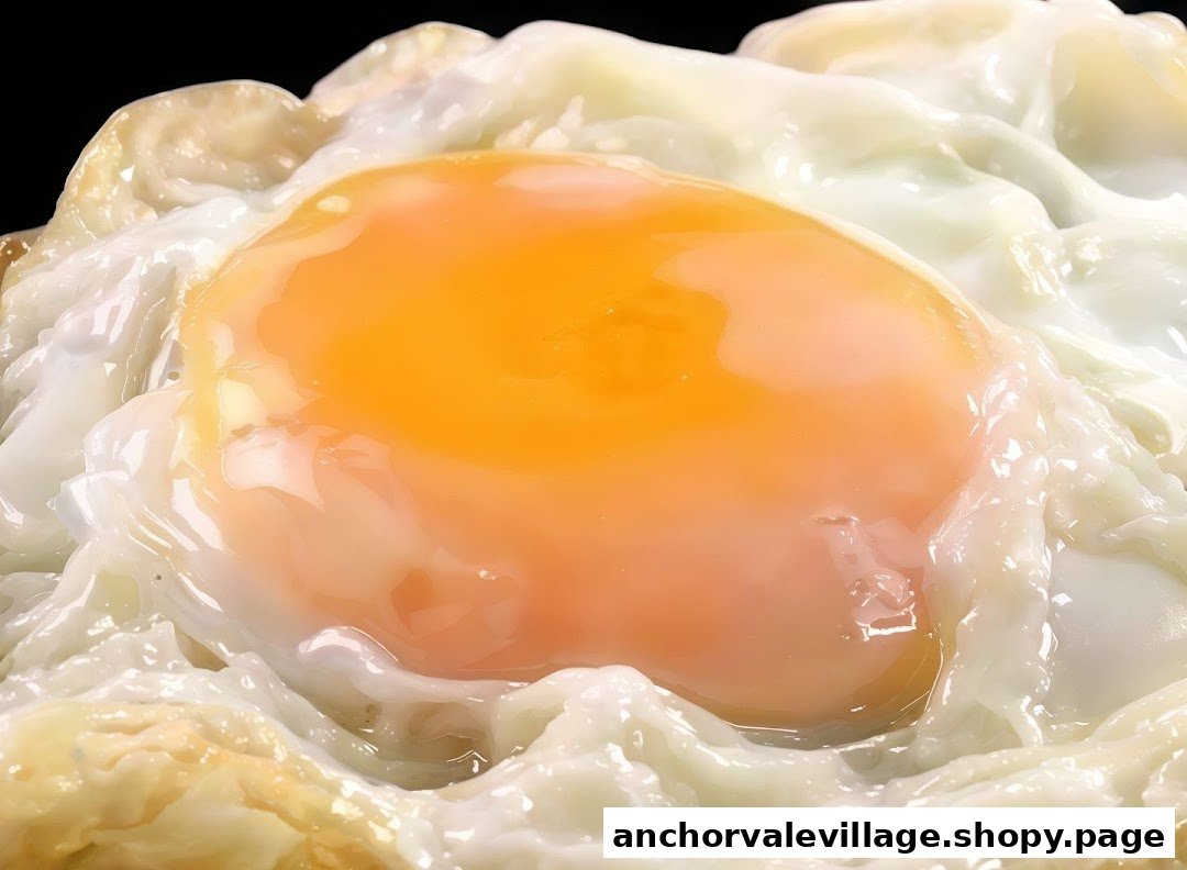 A close-up of a perfectly fried egg with a vibrant orange yolk and crispy white edges.
