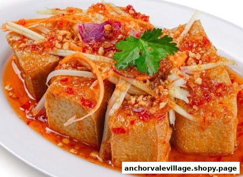 A close-up of golden fried tofu cubes generously topped with a vibrant spicy sauce, fresh herbs, and crushed peanuts.