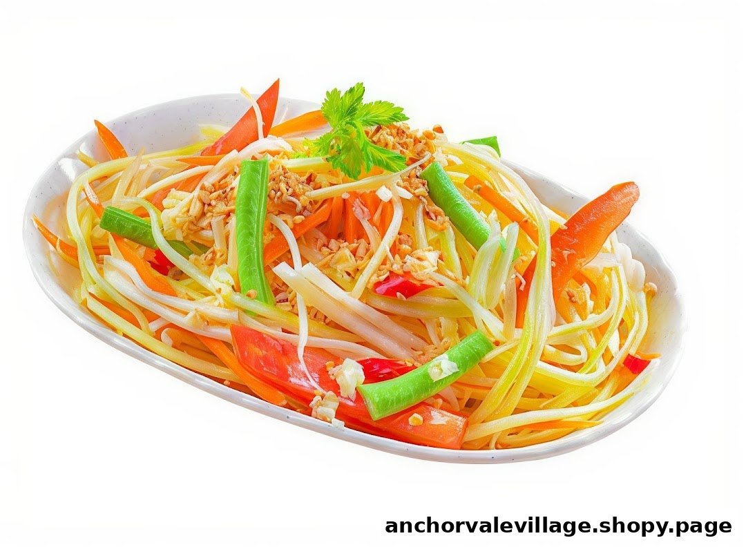 A vibrant Thai papaya salad (Som Tum) with fresh vegetables, tomatoes, green beans, and crushed peanuts.
