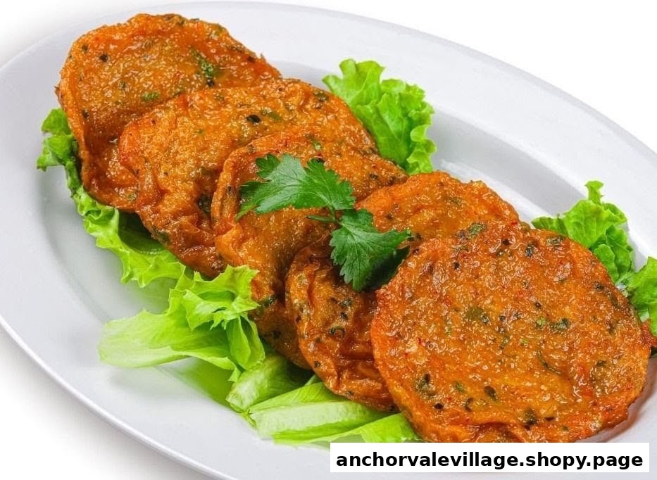 A plate of golden-brown Thai fish cakes (Tod Mun Pla) garnished with fresh lettuce and cilantro.