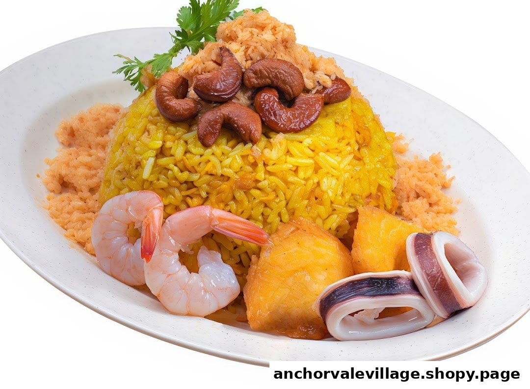 A vibrant plate of yellow rice topped with shrimp, squid, cashews, and fresh herbs.
