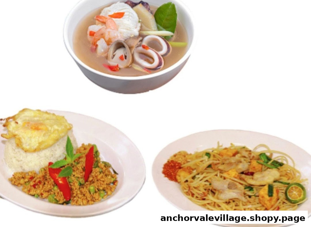 A vibrant display of three authentic Thai dishes: a seafood soup, a spicy minced meat rice dish, and a noodle stir-fry.