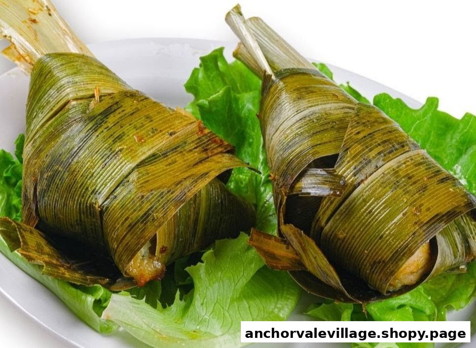 Two pieces of Thai pandan chicken (Gai Hor Bai Toey) served on fresh lettuce.