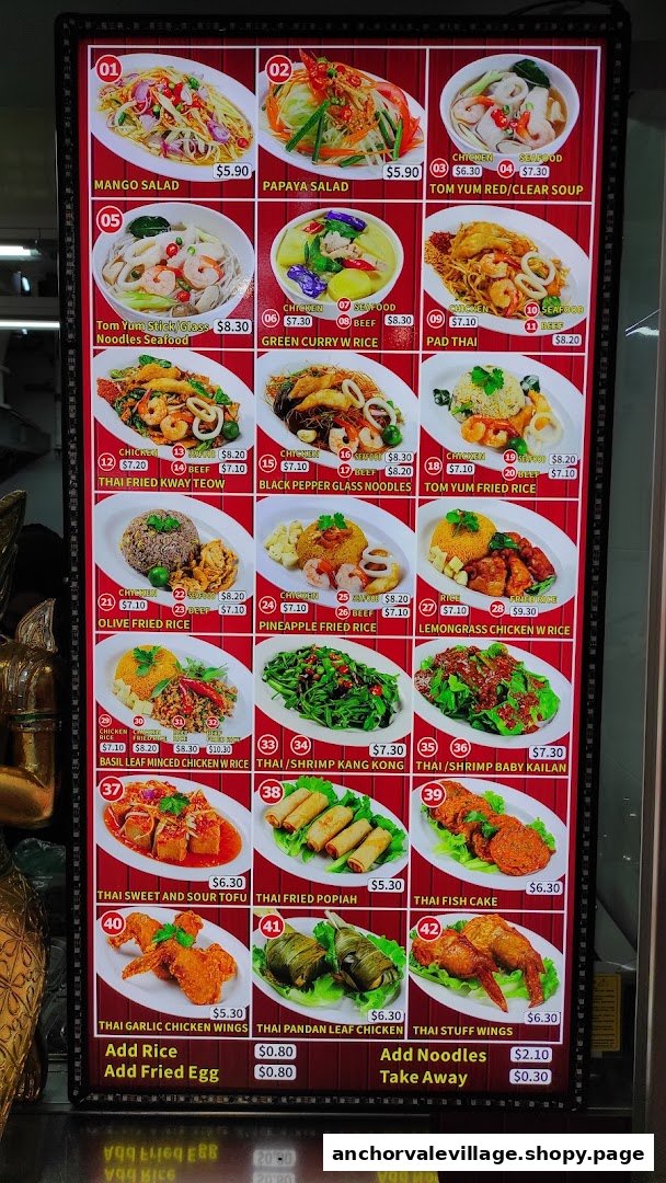 A vibrant digital menu board displaying a wide array of Thai dishes with images and prices.