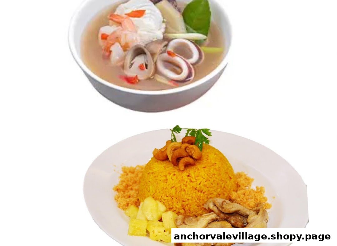 A vibrant image showcasing a bowl of seafood soup and a plate of yellow rice with chicken and cashews.