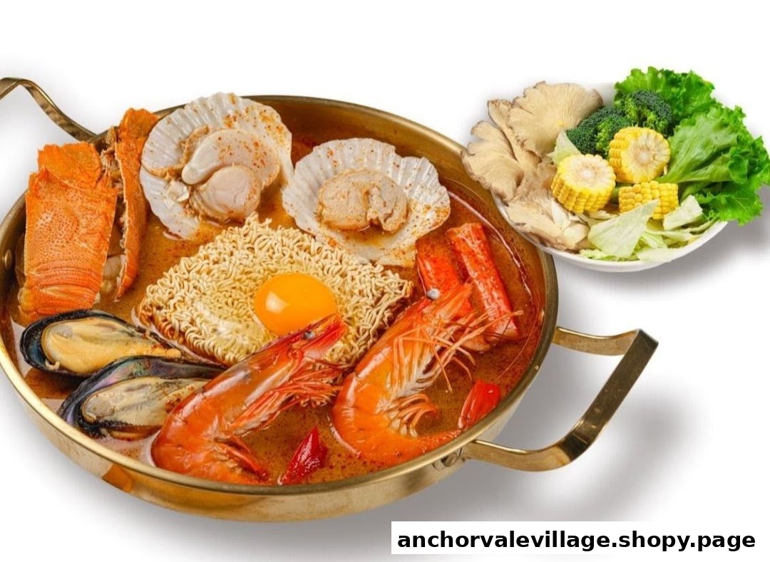 A vibrant hot pot filled with fresh seafood, noodles, and an egg, served with a side of fresh vegetables.