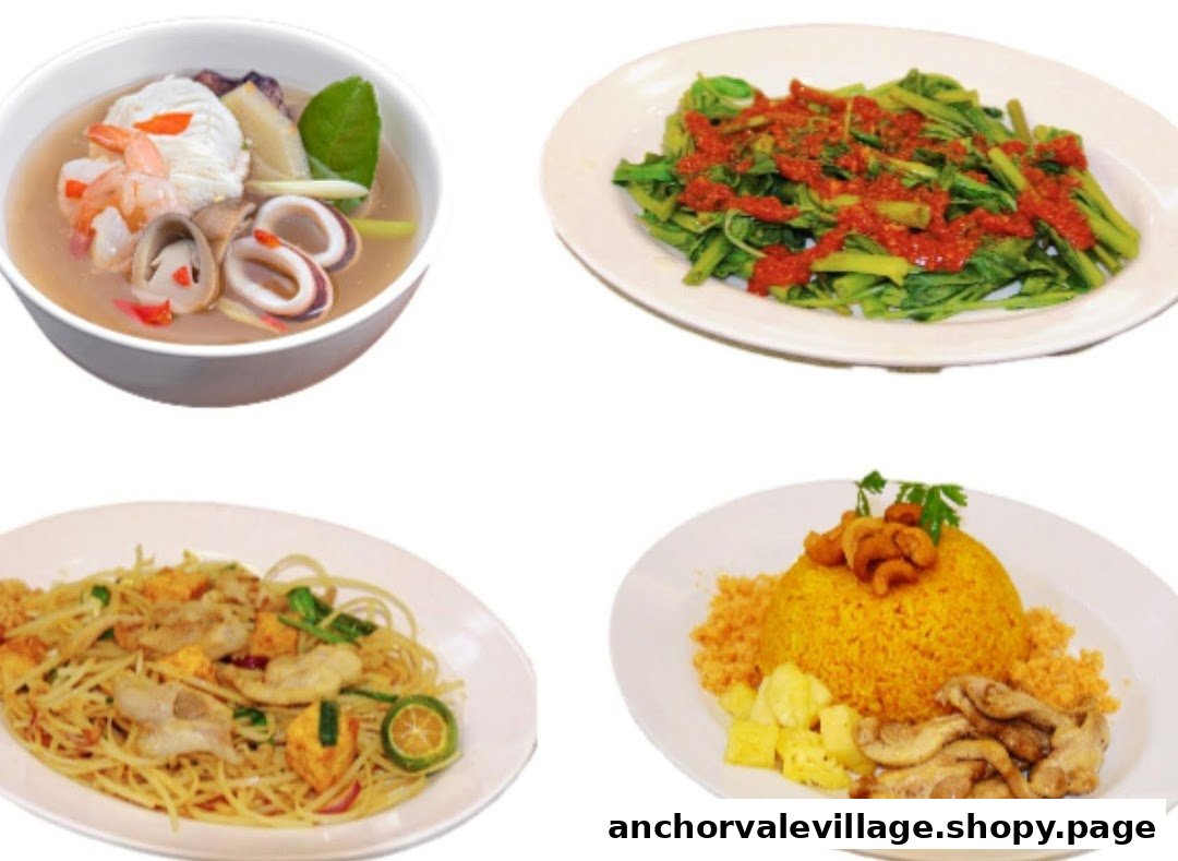 A vibrant collage showcasing four delicious Thai dishes, including soup, stir-fry, noodles, and rice.