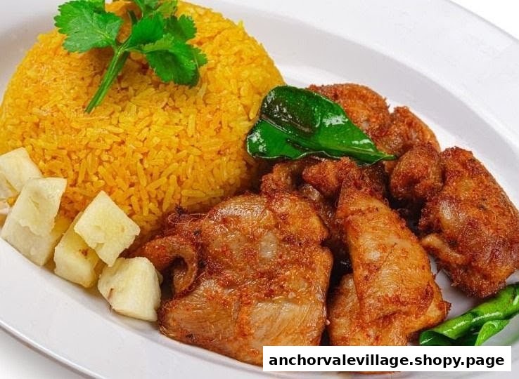 A vibrant plate featuring golden yellow rice, crispy fried meat, and pineapple chunks, garnished with fresh herbs.