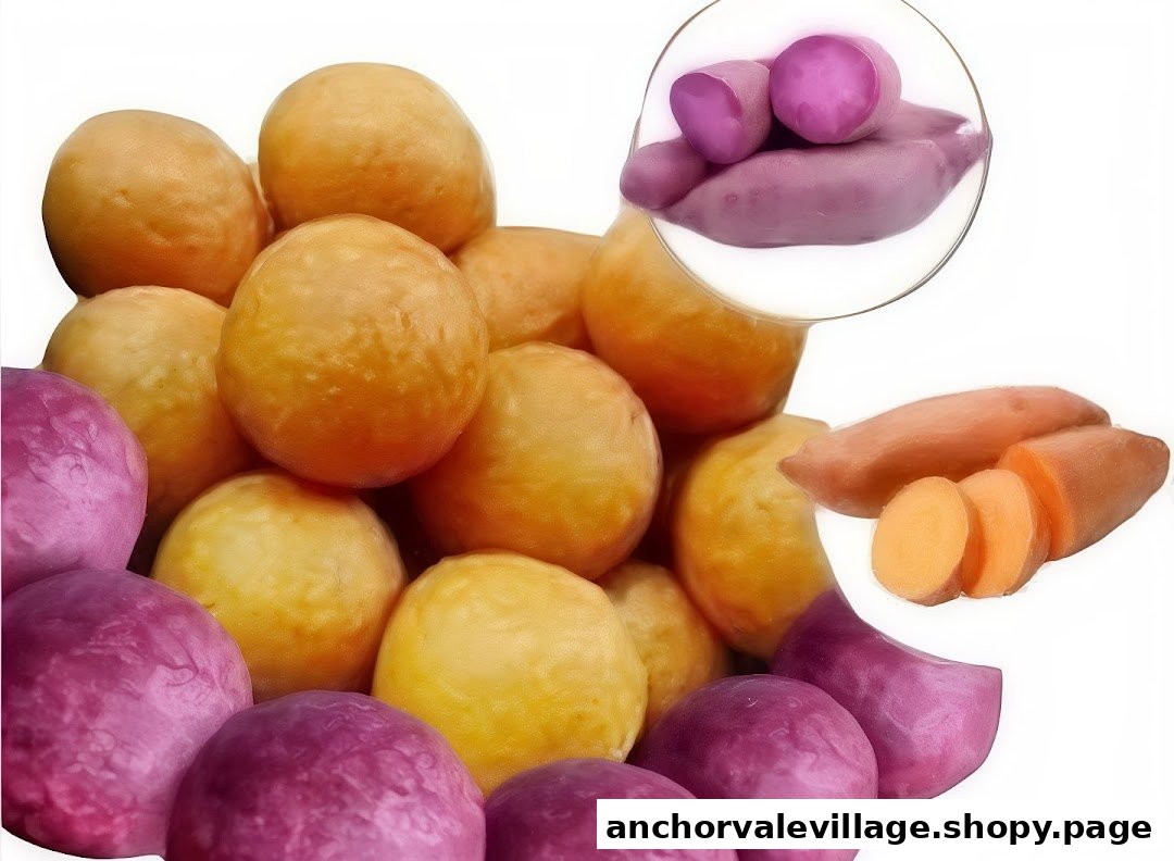 A vibrant display of golden and purple sweet potato balls, highlighting their natural ingredients.
