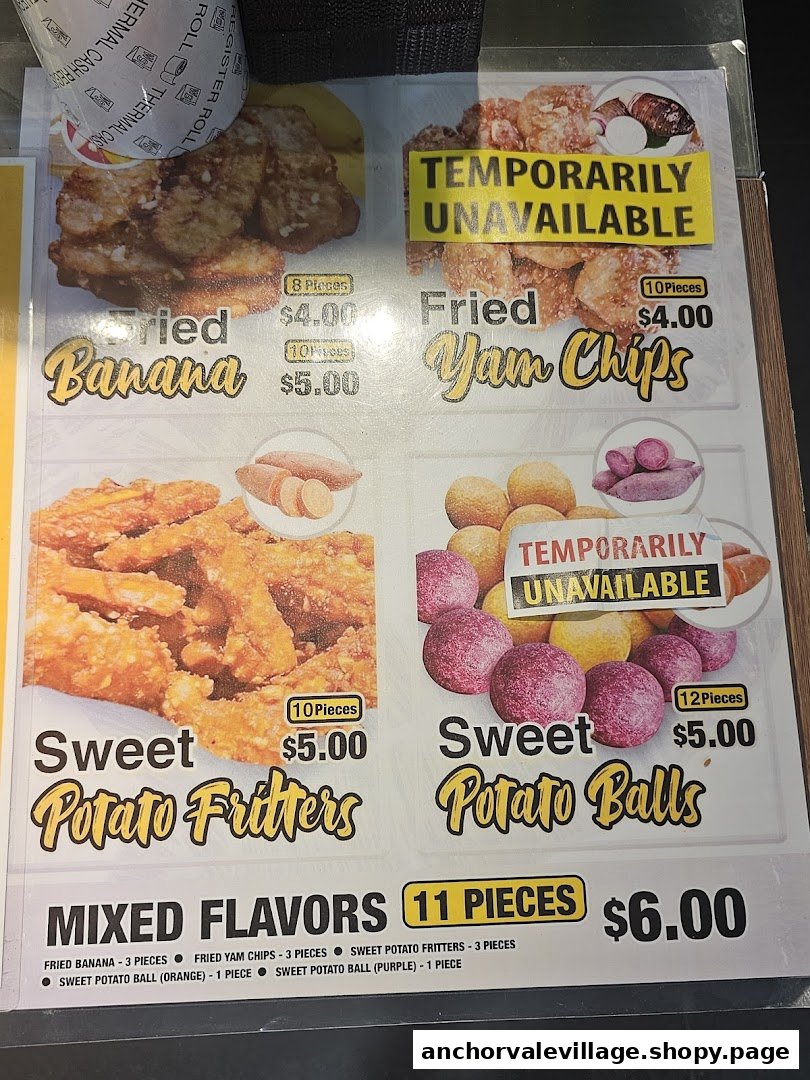 A menu displaying various fried Thai snacks, including bananas, yams, and sweet potatoes.