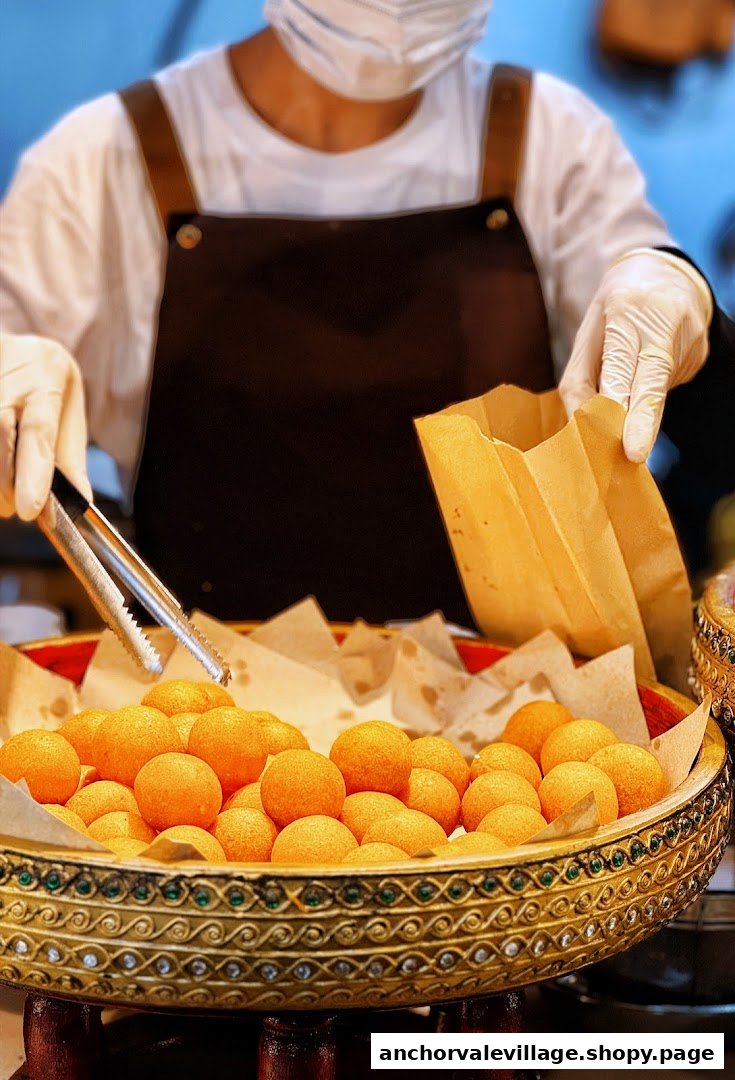 A masked staff member uses tongs to package golden Thai khanom from a decorative tray.
