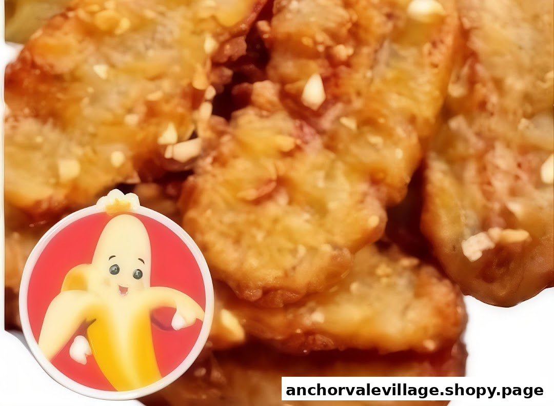Close-up of golden-fried bananas, likely a popular Thai dessert, with a cute banana character logo.