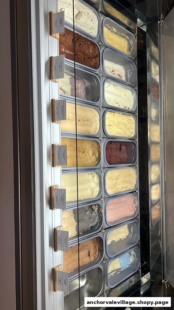 A vibrant display of various ice cream and gelato flavors in a chilled case.