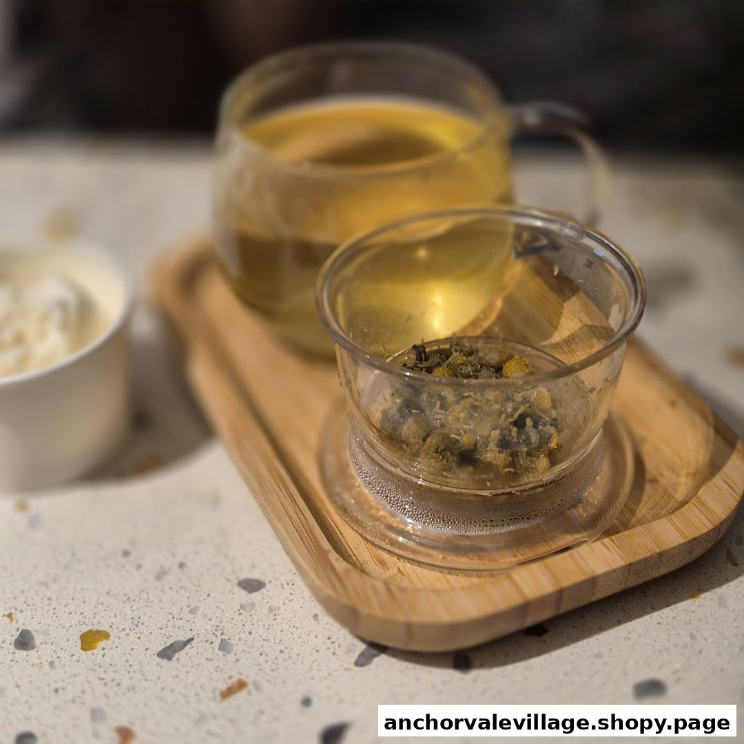 A close-up of a glass of tea with an infuser on a wooden tray, alongside a small white cup.