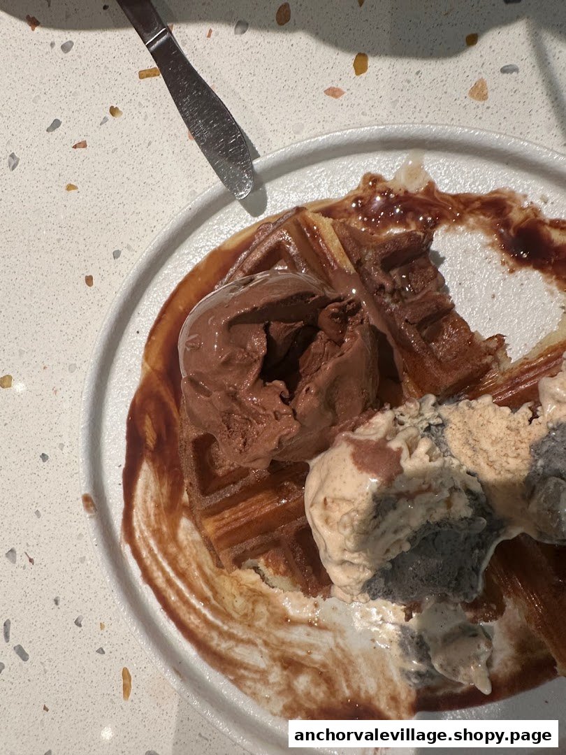 A plate of waffle with two scoops of ice cream and chocolate sauce.