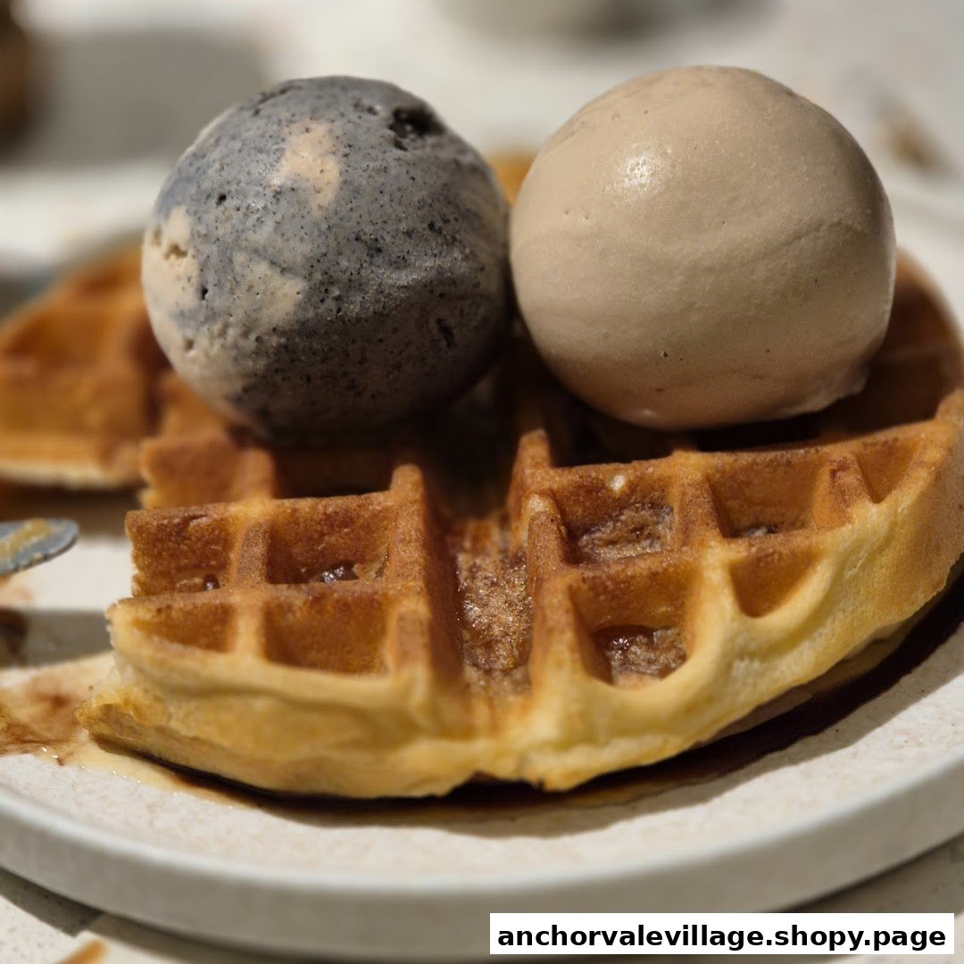 Two scoops of artisanal ice cream, one dark and one light, served on a golden-brown waffle.
