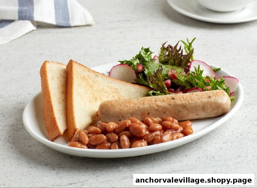A breakfast plate featuring toast, sausage, baked beans, and a fresh salad with radishes and pomegranate.