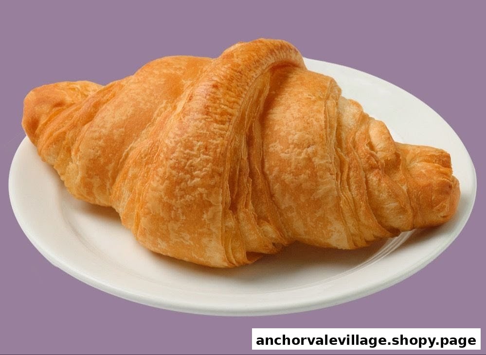 A golden-brown, flaky croissant is presented on a white plate against a solid purple background.