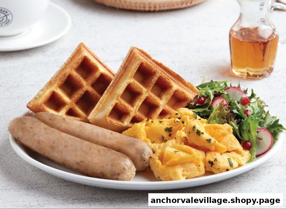 A hearty breakfast platter with waffles, sausages, scrambled eggs, and a fresh side salad.