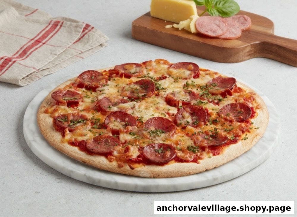 A delicious pepperoni pizza on a marble serving board, with cheese and salami in the background.