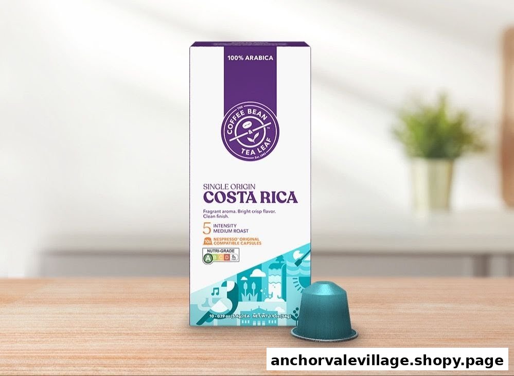 A box of The Coffee Bean & Tea Leaf Costa Rica coffee capsules and a single capsule.