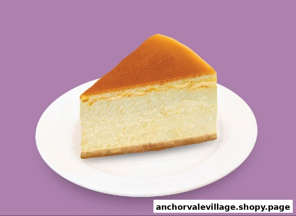 A slice of classic cheesecake on a white plate against a purple background.