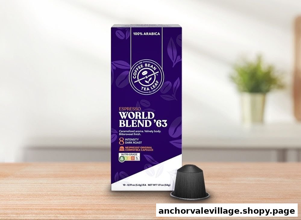 A box of The Coffee Bean & Tea Leaf World Blend '63 espresso capsules with a single capsule.