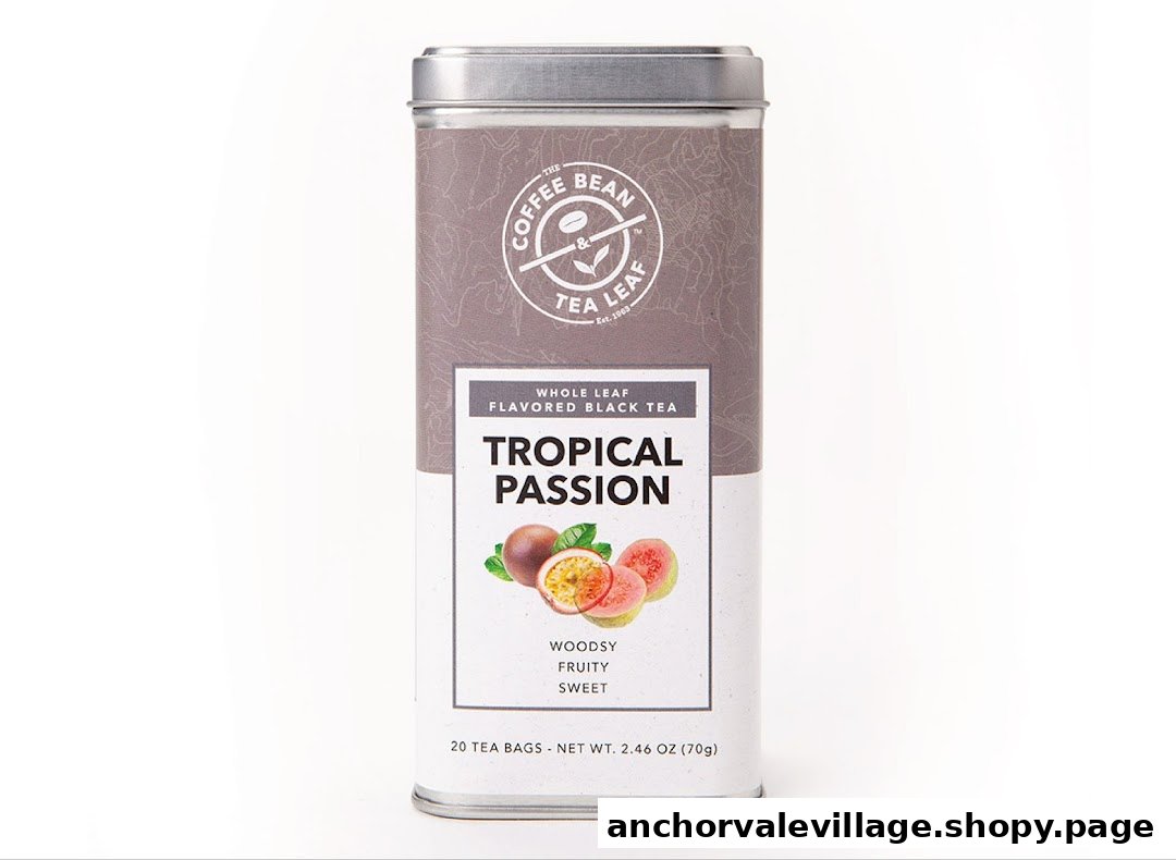 A product shot of The Coffee Bean & Tea Leaf's Tropical Passion flavored black tea tin.