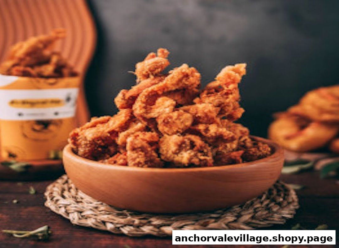 A wooden bowl overflowing with golden-brown crispy fried chicken skin or similar snack, with a branded container in the background.