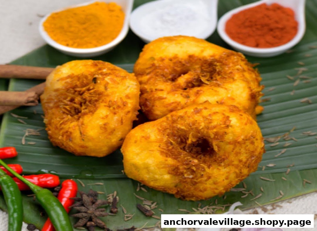 Three golden vadai on a banana leaf, surrounded by vibrant spices and fresh chillies.