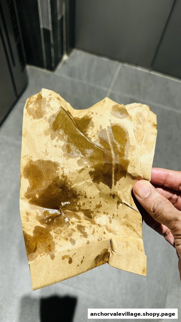 A hand holds a brown paper bag heavily stained with oil, likely from freshly fried food.
