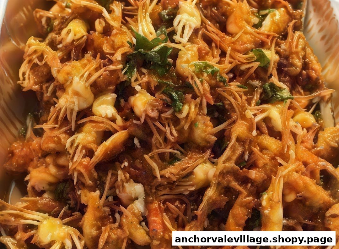 Close-up of a dish featuring crispy fried small fish or shrimp coated in a savory sauce with herbs.