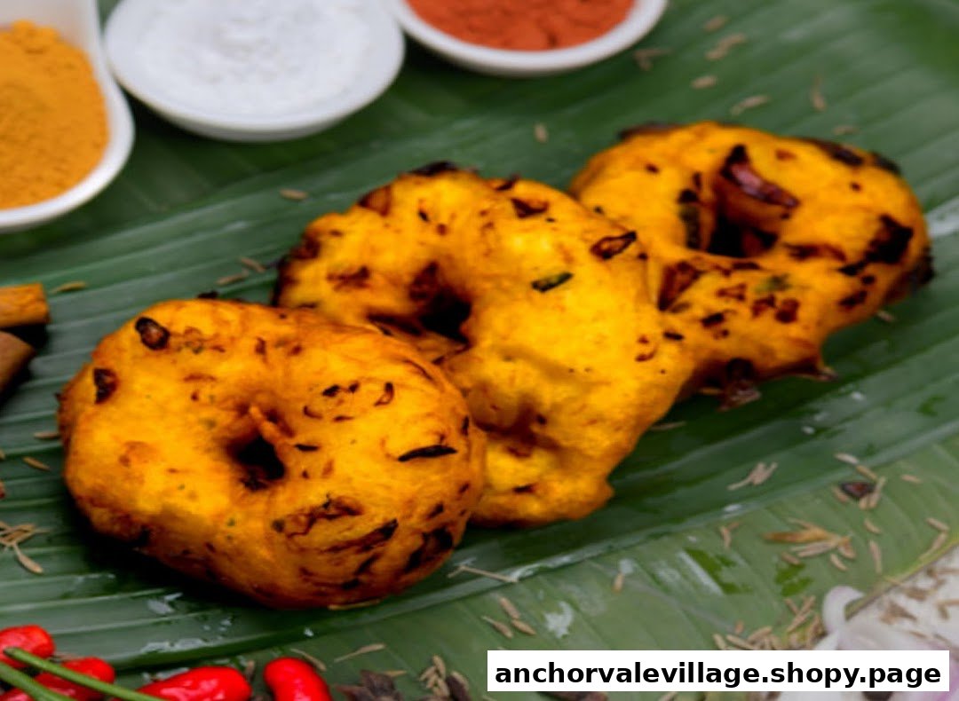Close-up of three golden vadai served on a banana leaf with various spices.
