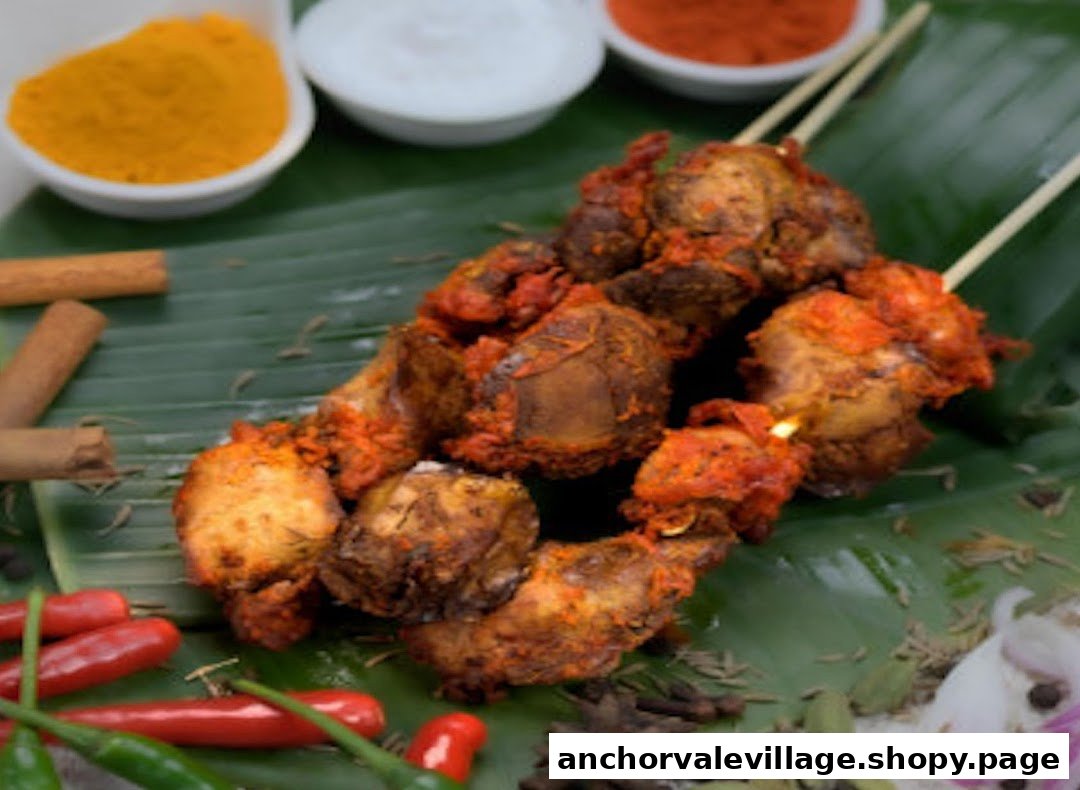 Spicy skewers arranged on a banana leaf with various aromatic spices and chili.