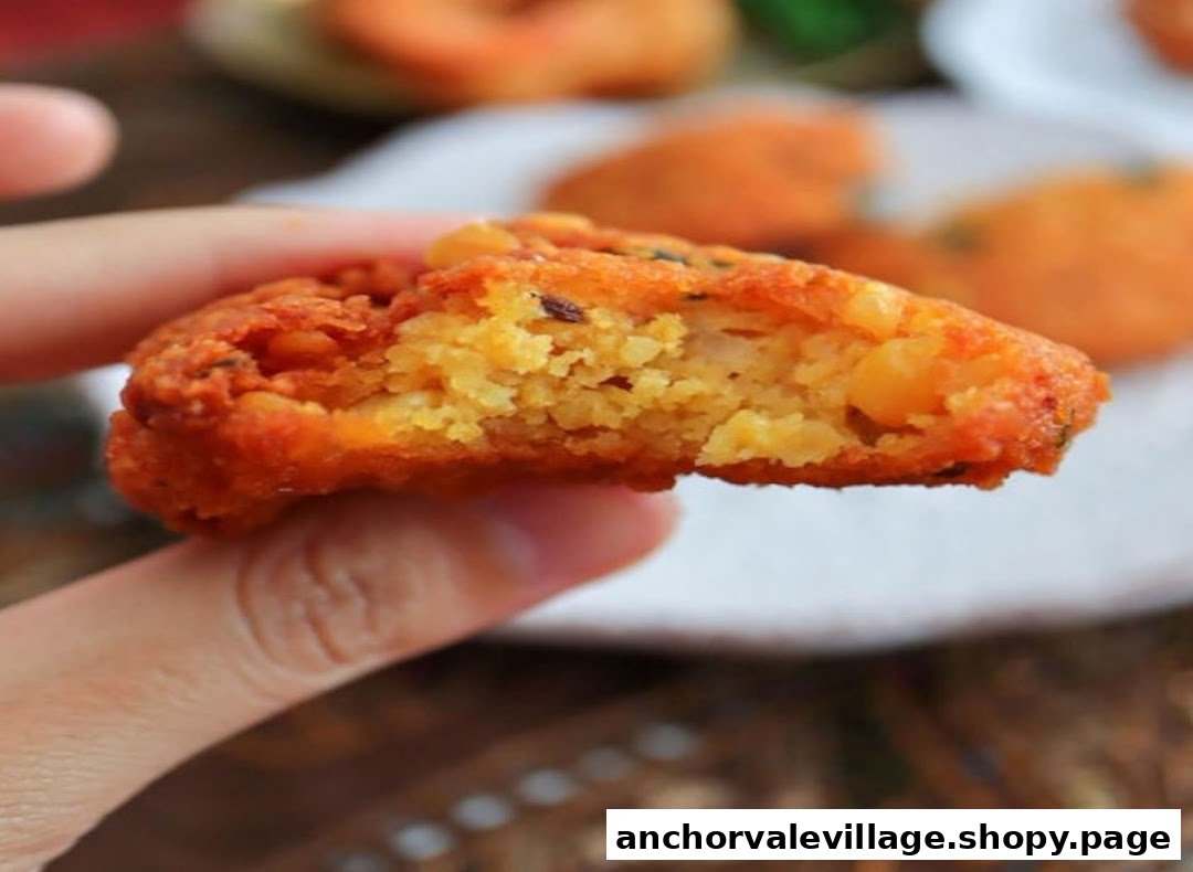 A hand holds a vadai, revealing its crispy exterior and soft, textured interior after a bite.