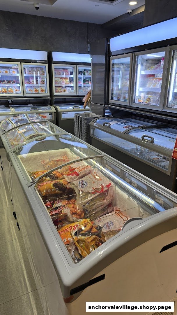 Interior view of The Seafood Market Place, showcasing multiple freezers stocked with various frozen seafood products.