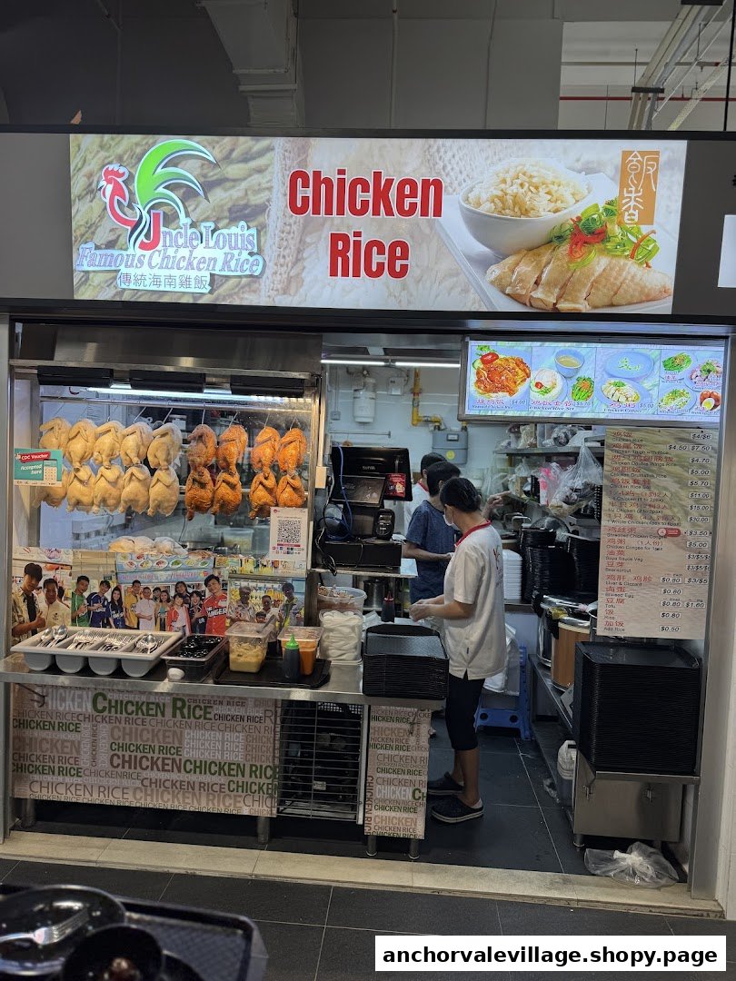 The bustling front of Uncle Louis Famous Chicken Rice stall, featuring hanging roasted and poached chickens.