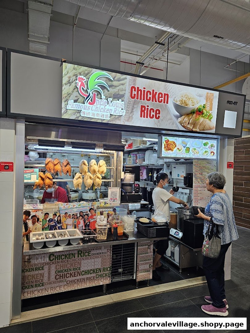 A bustling chicken rice stall with hanging roasted and poached chickens, serving a customer.